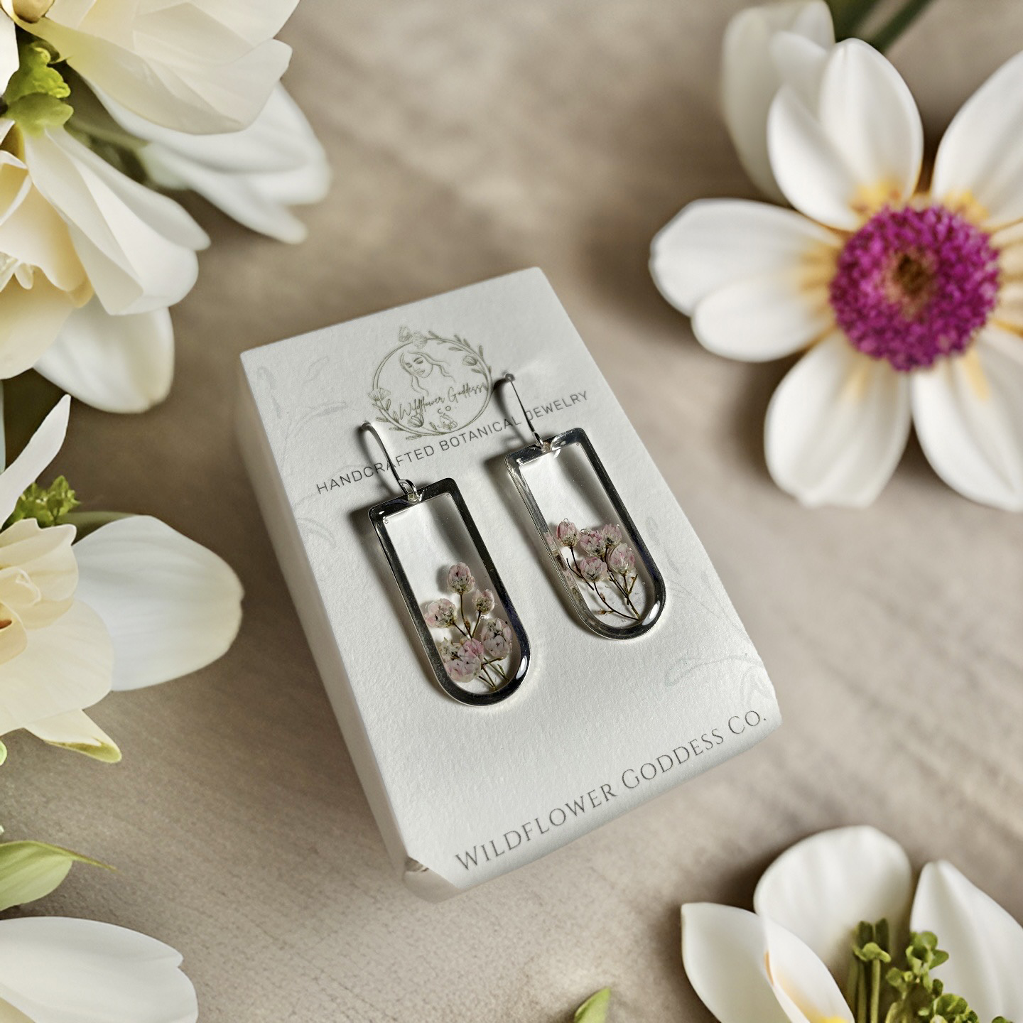 Pink Floral - Silver Earrings